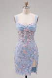 Vestido de Homecoming com Espartilho Transparente Azul, Bodycon Floral, Aplicada e Aplicada com Fenda
