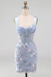 Vestido de Homecoming com Espartilho Transparente Azul, Bodycon Floral, Aplicada e Aplicada com Fenda