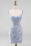 Vestido de Homecoming com Espartilho Transparente Azul, Bodycon Floral, Aplicada e Aplicada com Fenda