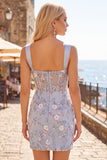 Vestido de Homecoming com Espartilho Transparente Azul, Bodycon Floral, Aplicada e Aplicada com Fenda