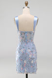 Vestido de Homecoming com Espartilho Transparente Azul, Bodycon Floral, Aplicada e Aplicada com Fenda