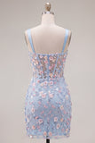 Vestido de Homecoming com Espartilho Transparente Azul, Bodycon Floral, Aplicada e Aplicada com Fenda