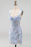 Vestido de Homecoming com Espartilho Transparente Azul, Bodycon Floral, Aplicada e Aplicada com Fenda