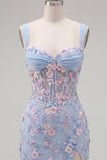 Vestido de Homecoming com Espartilho Transparente Azul, Bodycon Floral, Aplicada e Aplicada com Fenda