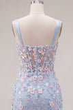 Vestido de Homecoming com Espartilho Transparente Azul, Bodycon Floral, Aplicada e Aplicada com Fenda