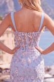 Vestido de Homecoming com Espartilho Transparente Azul, Bodycon Floral, Aplicada e Aplicada com Fenda