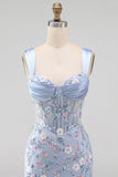 Vestido de Homecoming com Espartilho Transparente Azul, Bodycon Floral, Aplicada e Aplicada com Fenda