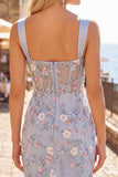 Vestido de Homecoming com Espartilho Transparente Azul, Bodycon Floral, Aplicada e Aplicada com Fenda