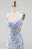 Vestido de Homecoming com Espartilho Transparente Azul, Bodycon Floral, Aplicada e Aplicada com Fenda