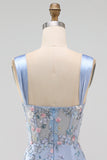 Vestido de Homecoming com Espartilho Transparente Azul, Bodycon Floral, Aplicada e Aplicada com Fenda