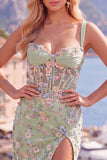 Vestido de Homecoming com Espartilho Transparente Azul, Bodycon Floral, Aplicada e Aplicada com Fenda