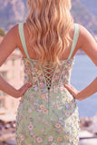 Vestido de Homecoming com Espartilho Transparente Azul, Bodycon Floral, Aplicada e Aplicada com Fenda