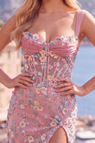 Vestido de Homecoming com Espartilho Transparente Azul, Bodycon Floral, Aplicada e Aplicada com Fenda