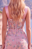 Vestido de Homecoming com Espartilho Transparente Azul, Bodycon Floral, Aplicada e Aplicada com Fenda