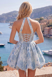 Vestido de Finalistas Jacquard Floral de Decote Fúcsia Linha A