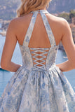 Vestido de Finalistas Jacquard Floral de Decote Fúcsia Linha A