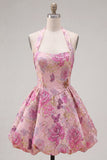 Vestido de Finalistas Jacquard Floral de Decote Fúcsia Linha A