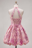 Vestido de Finalistas Jacquard Floral de Decote Fúcsia Linha A