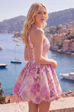 Vestido de Finalistas Jacquard Floral de Decote Fúcsia Linha A