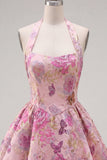 Vestido de Finalistas Jacquard Floral de Decote Fúcsia Linha A