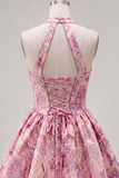 Vestido de Finalistas Jacquard Floral de Decote Fúcsia Linha A