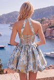 Vestido de Finalistas Jacquard Floral de Decote Fúcsia Linha A