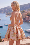 Vestido de Finalistas Jacquard Floral de Decote Fúcsia Linha A