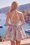 Vestido de Finalistas Jacquard Floral de Decote Fúcsia Linha A