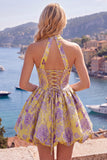Vestido de Finalistas Jacquard Floral de Decote Fúcsia Linha A