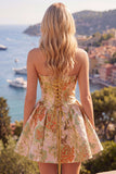 Vestido de Regresso a Casa Amarelo Amarelo Strapless Arrugado Jacquard Floral