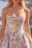 Vestido de Regresso a Casa Amarelo Amarelo Strapless Arrugado Jacquard Floral