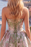 Vestido de Regresso a Casa Amarelo Amarelo Strapless Arrugado Jacquard Floral