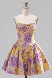 Vestido de Regresso a Casa Amarelo Amarelo Strapless Arrugado Jacquard Floral