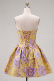 Vestido de Regresso a Casa Amarelo Amarelo Strapless Arrugado Jacquard Floral
