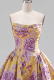 Vestido de Regresso a Casa Amarelo Amarelo Strapless Arrugado Jacquard Floral