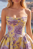 Vestido de Regresso a Casa Amarelo Amarelo Strapless Arrugado Jacquard Floral