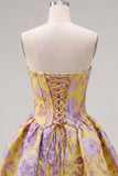 Vestido de Regresso a Casa Amarelo Amarelo Strapless Arrugado Jacquard Floral