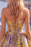 Vestido de Regresso a Casa Amarelo Amarelo Strapless Arrugado Jacquard Floral