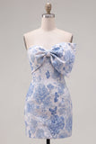 Vestido de Homecoming Bodycon Bodycon Bodycon Azul Jacquard com Laço