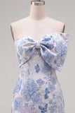 Vestido de Homecoming Bodycon Bodycon Bodycon Azul Jacquard com Laço