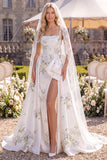 Vestido de Noiva de Praia com Contas Brancas E Verdes, Cauda de Flores Brancas Verdes, com Véus