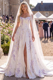 Vestido de Noiva de Praia com Espartilho Branco Roxo A Line Sweep Train, Vestido de Noiva com Véus