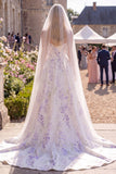 Vestido de Noiva de Praia com Espartilho Branco Roxo A Line Sweep Train, Vestido de Noiva com Véus