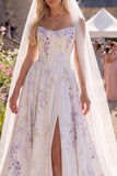 Vestido de Noiva de Praia com Espartilho Branco Roxo A Line Sweep Train, Vestido de Noiva com Véus