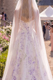 Vestido de Noiva de Praia com Espartilho Branco Roxo A Line Sweep Train, Vestido de Noiva com Véus
