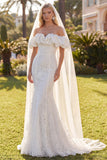 Vestido de Noiva Boémio com Cauda Floral de Sereia Branca com Véus