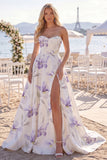 Vestido de Noiva de Praia de Flor Branco Roxo Uma Linha Franzida com Cauda de Praia