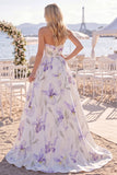 Vestido de Noiva de Praia de Flor Branco Roxo Uma Linha Franzida com Cauda de Praia