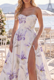 Vestido de Noiva de Praia de Flor Branco Roxo Uma Linha Franzida com Cauda de Praia