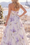 Vestido de Noiva de Praia de Flor Branco Roxo Uma Linha Franzida com Cauda de Praia